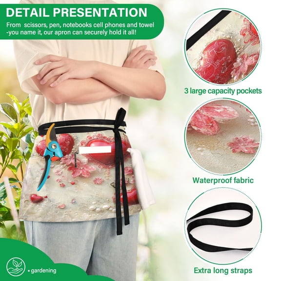 YAZAOO Aprons with Pockets for Server Aprons with 3 Pockets Water Resistant Half Waist Apron Valentines Day Heart Printing