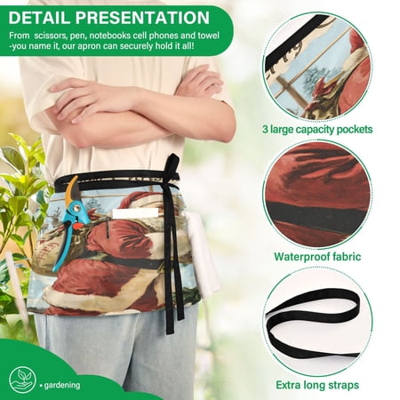 YAZAOO Aprons with Pockets for Server Aprons with 3 Pockets Water Resistant Half Waist Apron Vintage Christmas Painting