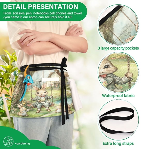 YAZAOO Aprons with Pockets for Server Aprons with 3 Pockets Water Resistant Half Waist Apron Whimsical Happy Rabbits