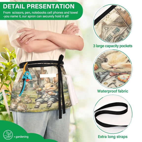 YAZAOO Aprons with Pockets for Server Aprons with 3 Pockets Water Resistant Half Waist Apron Whimsical Rabbits