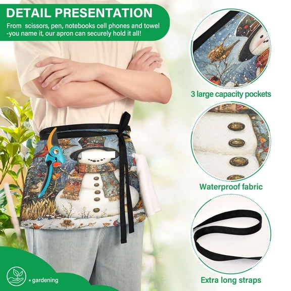 YAZAOO Aprons with Pockets for Server Aprons with 3 Pockets Water Resistant Half Waist Apron Whimsical Snowman Printing