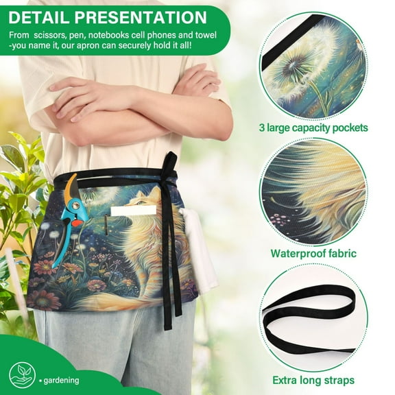 YAZAOO Aprons with Pockets for Server Aprons with 3 Pockets Water Resistant Half Waist Apron Whimsical Whiskers in A Starry Garden
