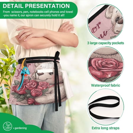 YAZAOO Aprons with Pockets for Server Aprons with 3 Pockets Water Resistant Half Waist Apron White Bear with Roses