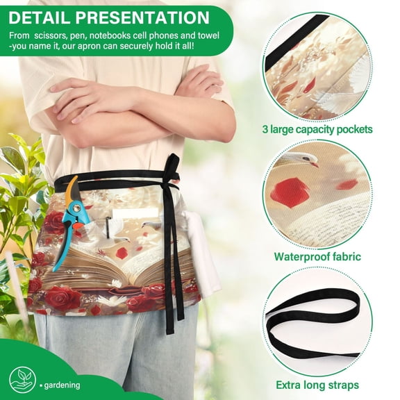 YAZAOO Aprons with Pockets for Server Aprons with 3 Pockets Water Resistant Half Waist Apron White Doves Red Roses