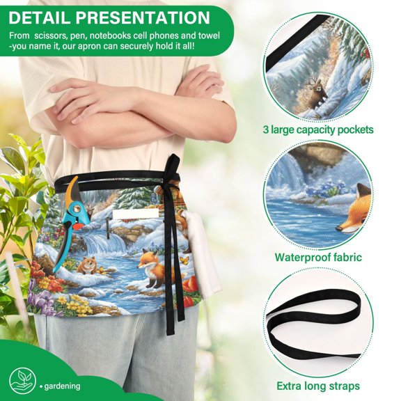 YAZAOO Aprons with Pockets for Server Aprons with 3 Pockets Water Resistant Half Waist Apron Winter Scene with Animals Cabin