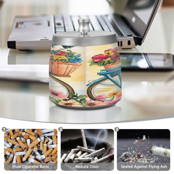 YAZAOO Ashtray for Cigarettes Stainless Creativity Enjoy Your Bicycle Pattern Steel Smokeless Ashtrays