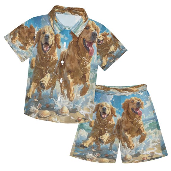 YAZAOO Button-Down Shirts Summer Shorts Sets Fashion Beach Buddies Splashing Fun Pattern Casual Set