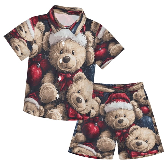 YAZAOO Button-Down Shirts Summer Shorts Sets Fashion Bears Christmas Ornaments Pattern Casual Set