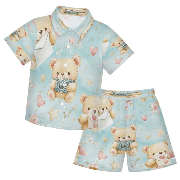 YAZAOO Button-Down Shirts Summer Shorts Sets Fashion Bears with Love Letters Pattern Casual Set