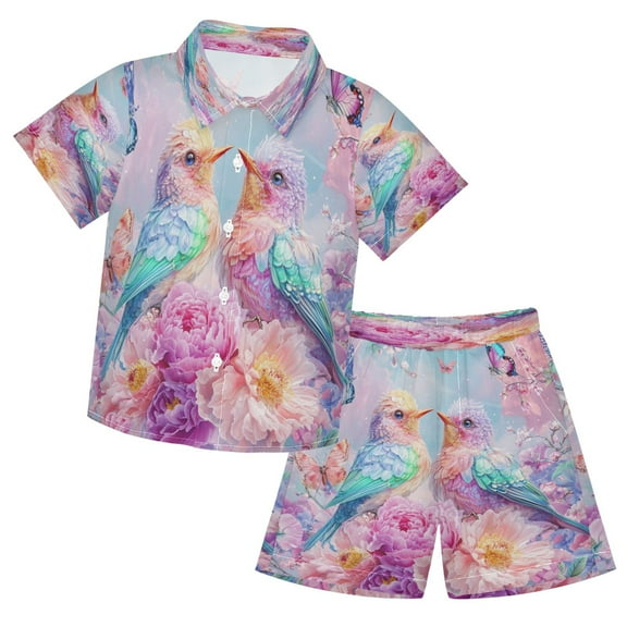 YAZAOO Button-Down Shirts Summer Shorts Sets Fashion Birds and Butterflies Pattern Casual Set