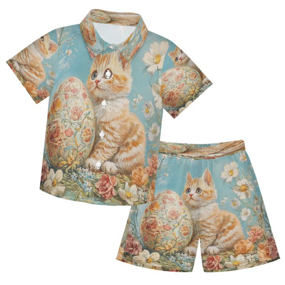 YAZAOO Button-Down Shirts Summer Shorts Sets Fashion Blossoming Whiskers Pattern Casual Set