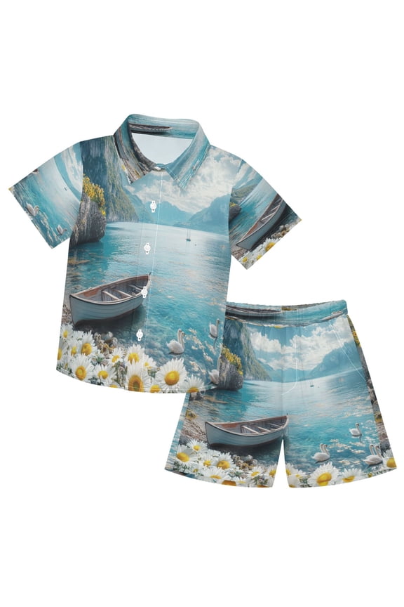 Button-Down Shirts Summer Shorts Sets Fashion Boat Swans Flowers Mountains Lake Pattern Casual Set