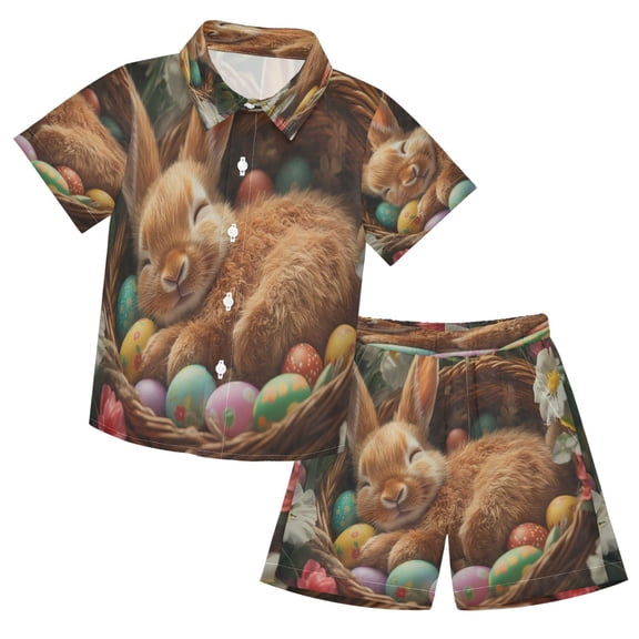 YAZAOO Button-Down Shirts Summer Shorts Sets Fashion Bunny Sleeping with Easter Eggs Pattern Casual Set