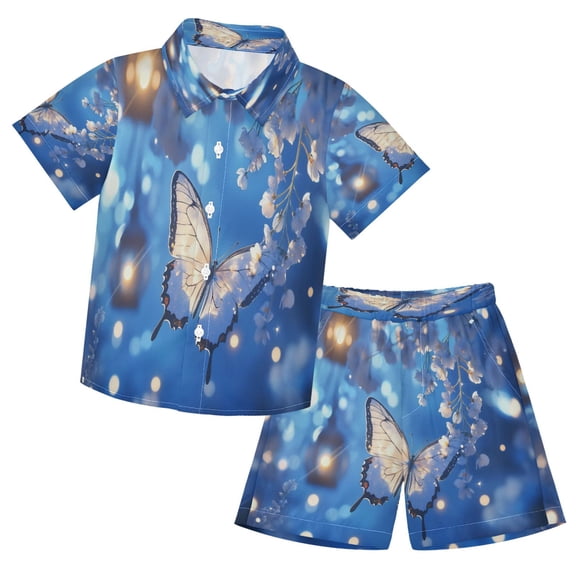 YAZAOO Button-Down Shirts Summer Shorts Sets Fashion Butterflies Flowers and Glowing Lanterns Pattern Casual Set