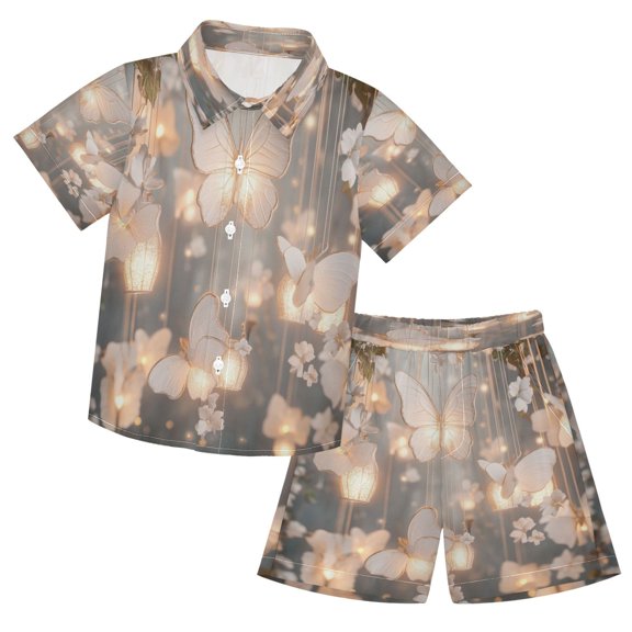 YAZAOO Button-Down Shirts Summer Shorts Sets Fashion Butterfly Lanterns Floral Decor Pattern Casual Set