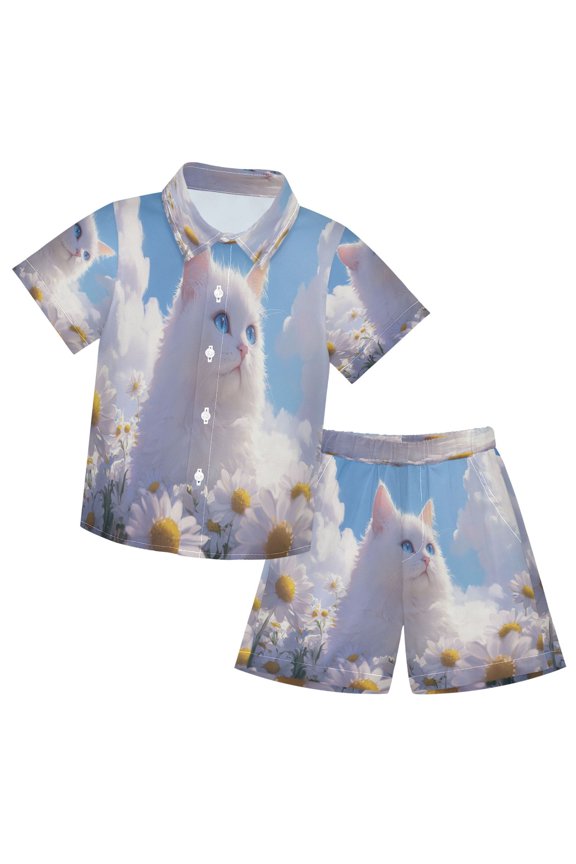 Button-Down Shirts Summer Shorts Sets Fashion Cat Among Daisies and Clouds Pattern Casual Set