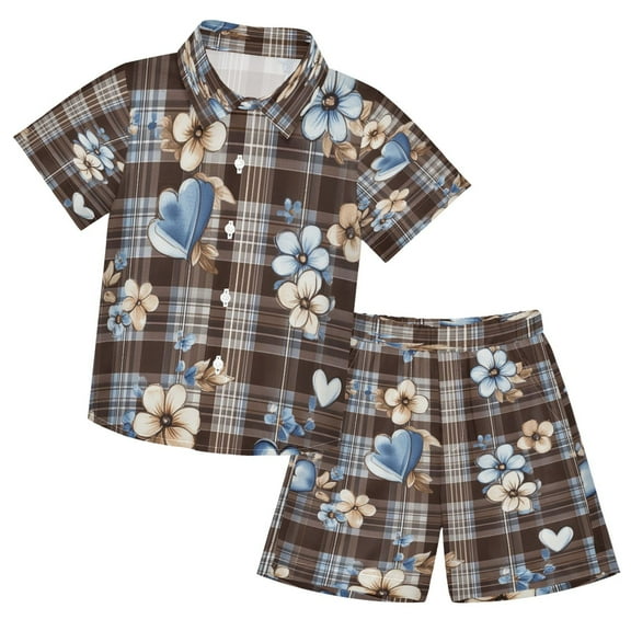 YAZAOO Button-Down Shirts Summer Shorts Sets Fashion Charming Hearts and Blooms Pattern Casual Set