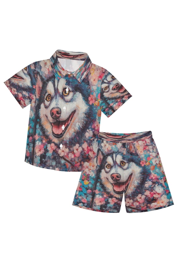 Button-Down Shirts Summer Shorts Sets Fashion Cheerful Canine Pattern Casual Set