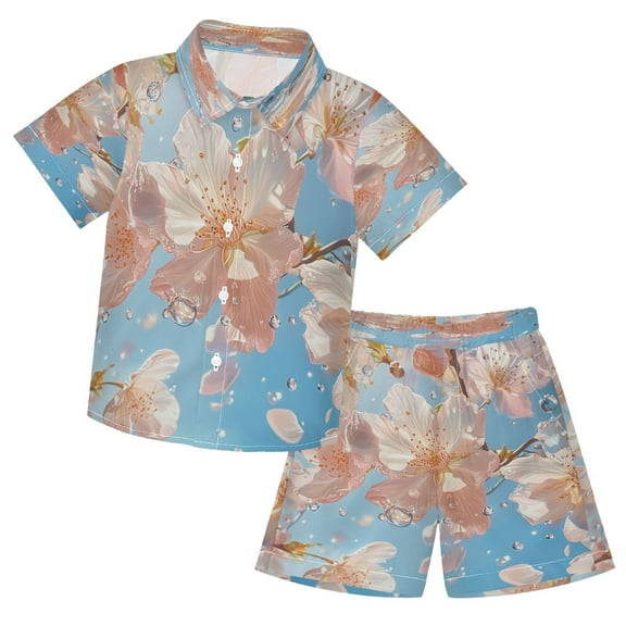 YAZAOO Button-Down Shirts Summer Shorts Sets Fashion Cherry Blossoms Pattern Casual Set