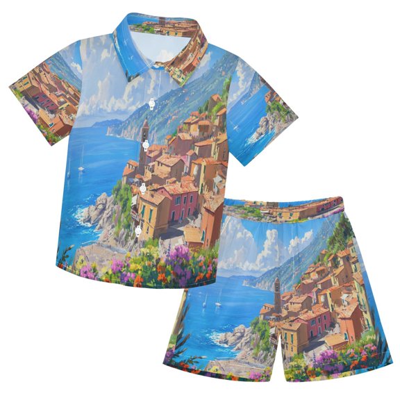 YAZAOO Button-Down Shirts Summer Shorts Sets Fashion Colorful Coastal Village Painting Pattern Casual Set