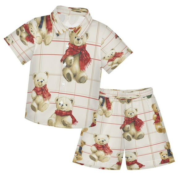 YAZAOO Button-Down Shirts Summer Shorts Sets Fashion Comfy Bears on Checkered Canvas Pattern Casual Set