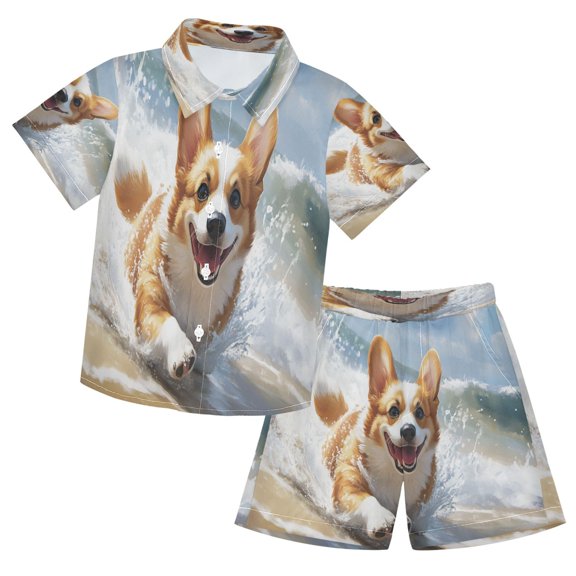 YAZAOO Button-Down Shirts Summer Shorts Sets Fashion Corgi on Beach Pattern Casual Set