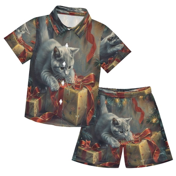 YAZAOO Button-Down Shirts Summer Shorts Sets Fashion Curious Kitten Exploring Gifts Pattern Casual Set
