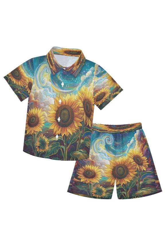 Button-Down Shirts Summer Shorts Sets Fashion Dreamy Sunflowers in Colorful Universe Pattern Casual Set