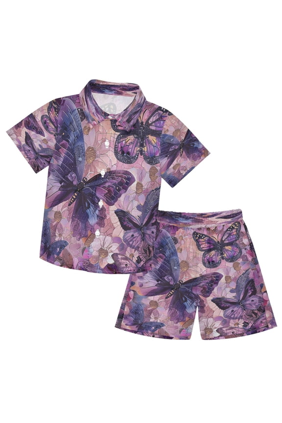 Button-Down Shirts Summer Shorts Sets Fashion Enchanting Butterflies in Bloom Pattern Casual Set