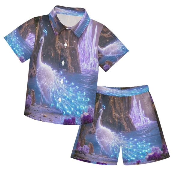 YAZAOO Button-Down Shirts Summer Shorts Sets Fashion Fantasy Peacock Crystals Pattern Casual Set