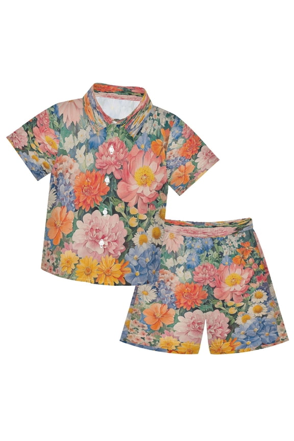 Button-Down Shirts Summer Shorts Sets Fashion Fluffy Companion with Blooms Pattern Casual Set