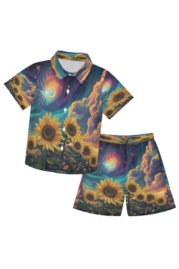 Button-Down Shirts Summer Shorts Sets Fashion Galactic Sunflower Symphony Pattern Casual Set