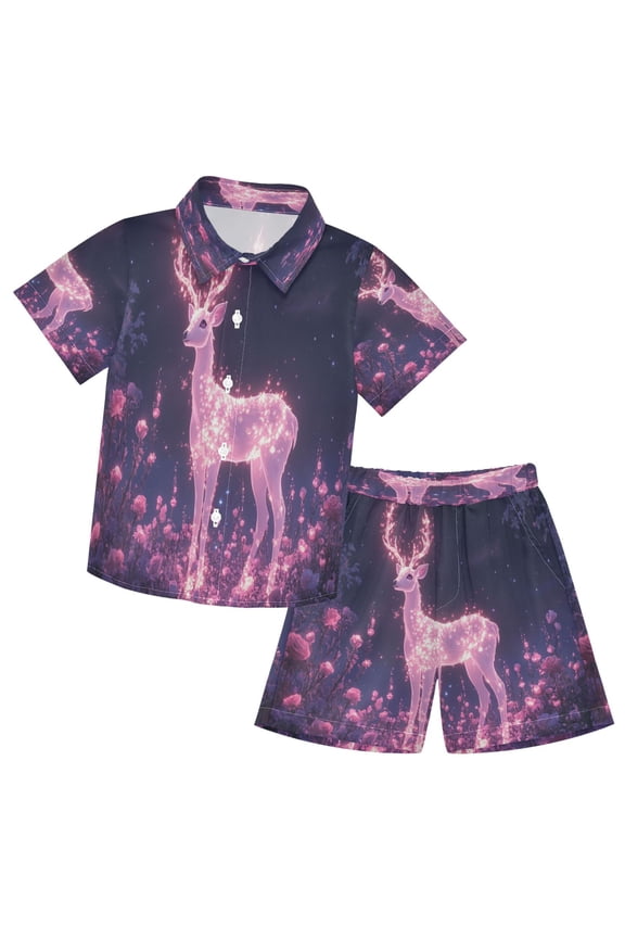Button-Down Shirts Summer Shorts Sets Fashion Glowing Deer in Magical Forest Pattern Casual Set