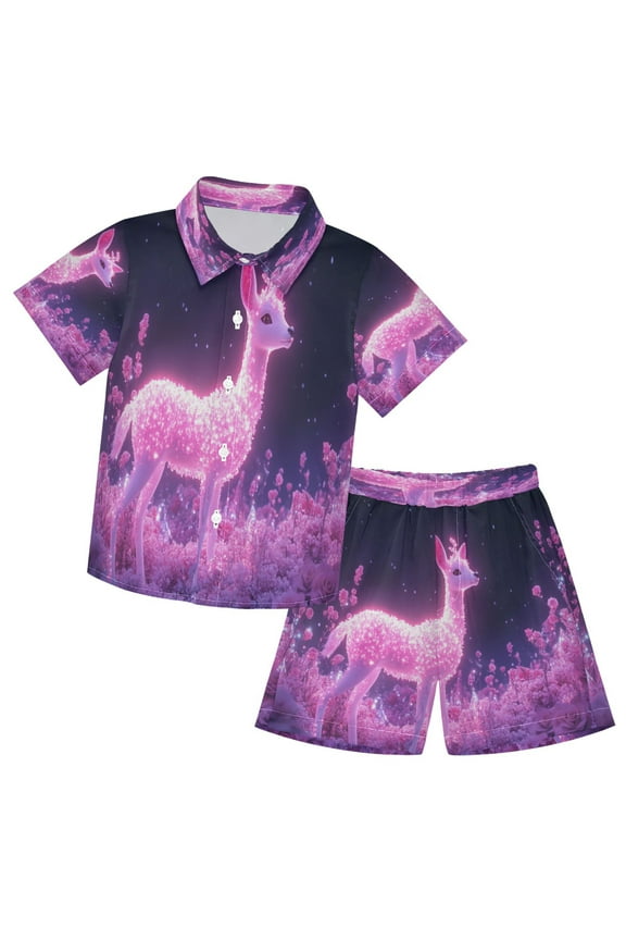 Button-Down Shirts Summer Shorts Sets Fashion Glowing Deer in Pink Forest Pattern Casual Set