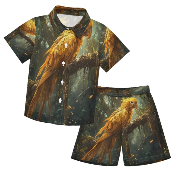 YAZAOO Button-Down Shirts Summer Shorts Sets Fashion Golden Feathered Majesty Pattern Casual Set