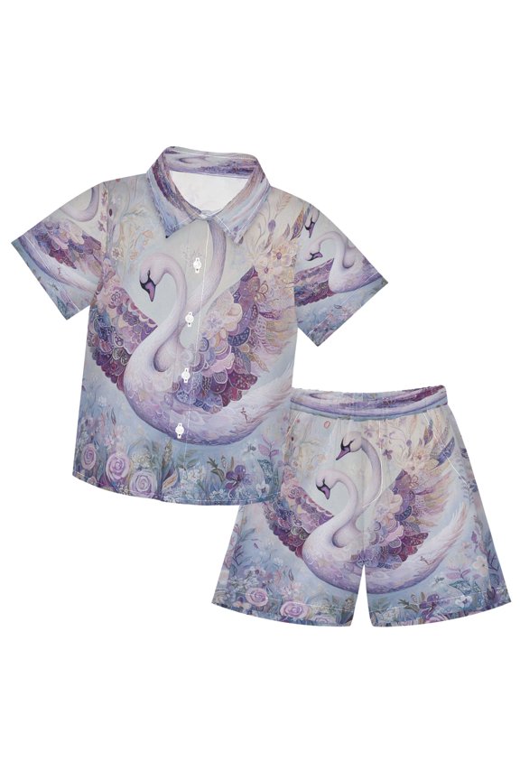 Button-Down Shirts Summer Shorts Sets Fashion Graceful Swans in Bloom Pattern Casual Set