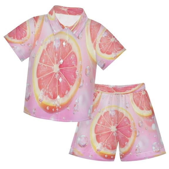 YAZAOO Button-Down Shirts Summer Shorts Sets Fashion Grapefruit Slices with Bubbles Pattern Casual Set