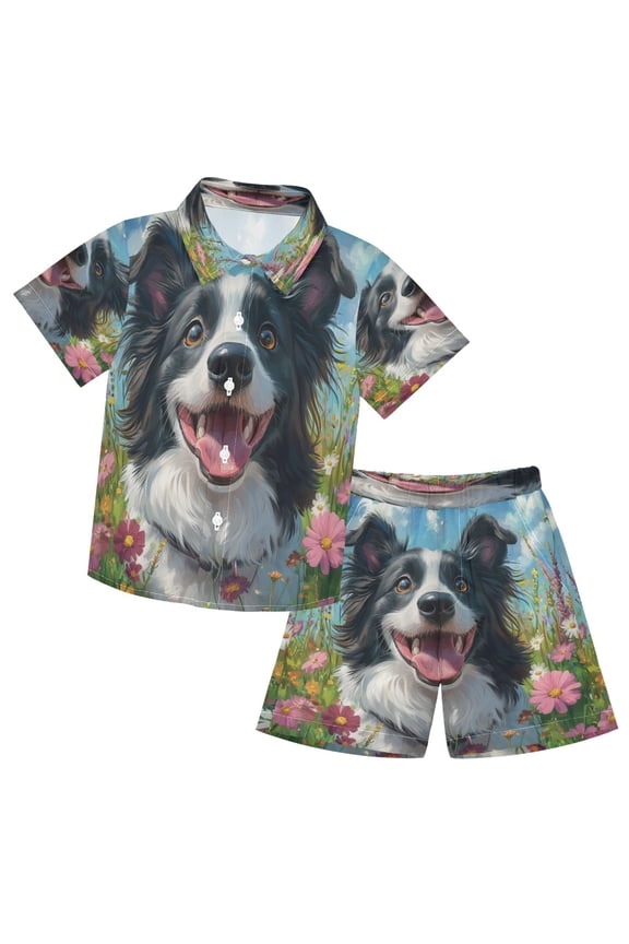 Button-Down Shirts Summer Shorts Sets Fashion Happy Dog Among Blooms Pattern Casual Set