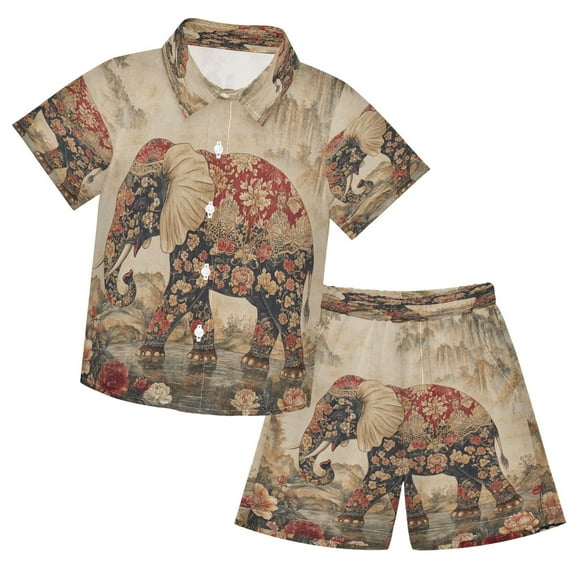 YAZAOO Button-Down Shirts Summer Shorts Sets Fashion He Ornate Elephant Pattern Casual Set