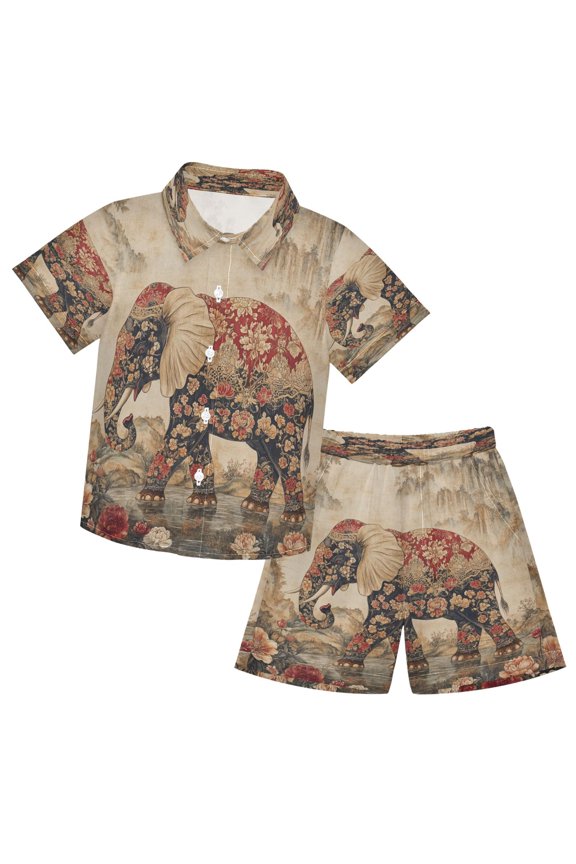 Button-Down Shirts Summer Shorts Sets Fashion He Ornate Elephant Pattern Casual Set