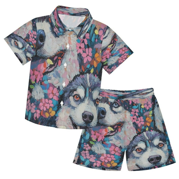 YAZAOO Button-Down Shirts Summer Shorts Sets Fashion Husky Happiness Pattern Casual Set