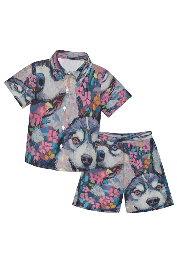 Button-Down Shirts Summer Shorts Sets Fashion Husky Happiness Pattern Casual Set
