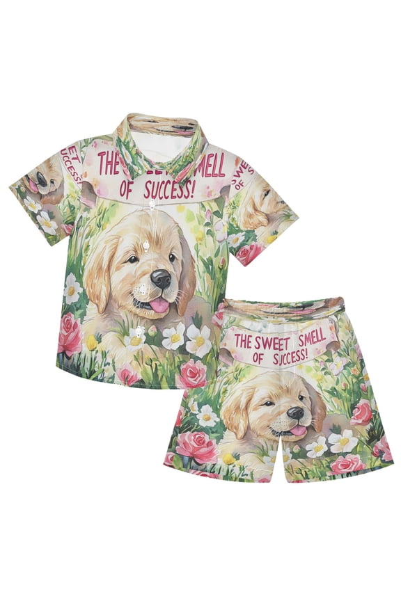 Button-Down Shirts Summer Shorts Sets Fashion Joyful Puppy in Bloom Pattern Casual Set