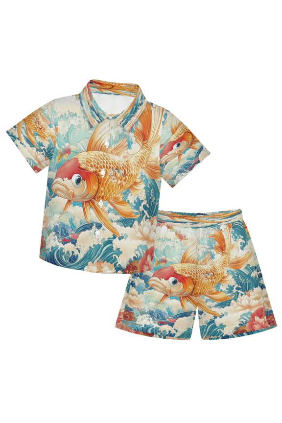 Button-Down Shirts Summer Shorts Sets Fashion Koi in Bloom Pattern Casual Set