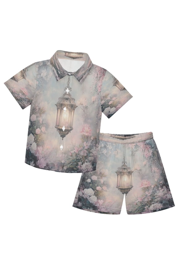Button-Down Shirts Summer Shorts Sets Fashion Lantern in Floral Garden Pattern Casual Set