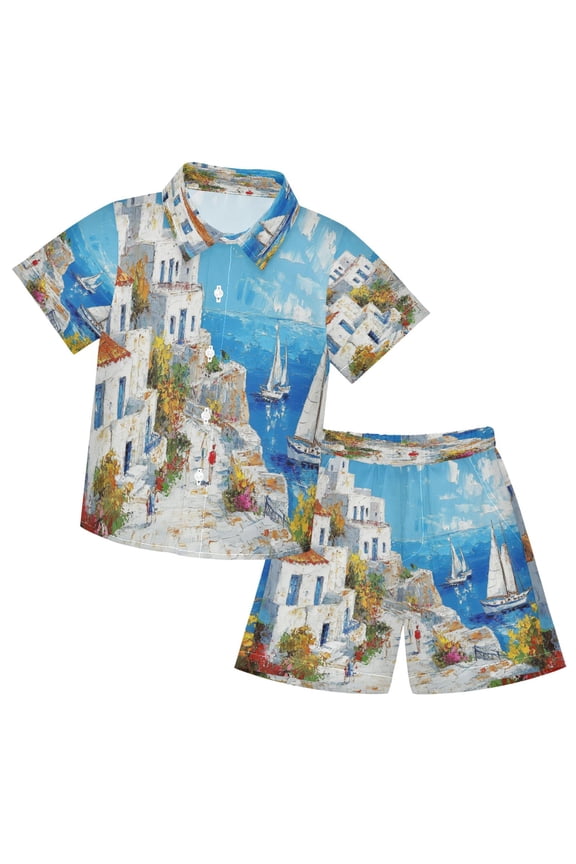 Button-Down Shirts Summer Shorts Sets Fashion Mediterranean Seaside Town Pattern Casual Set