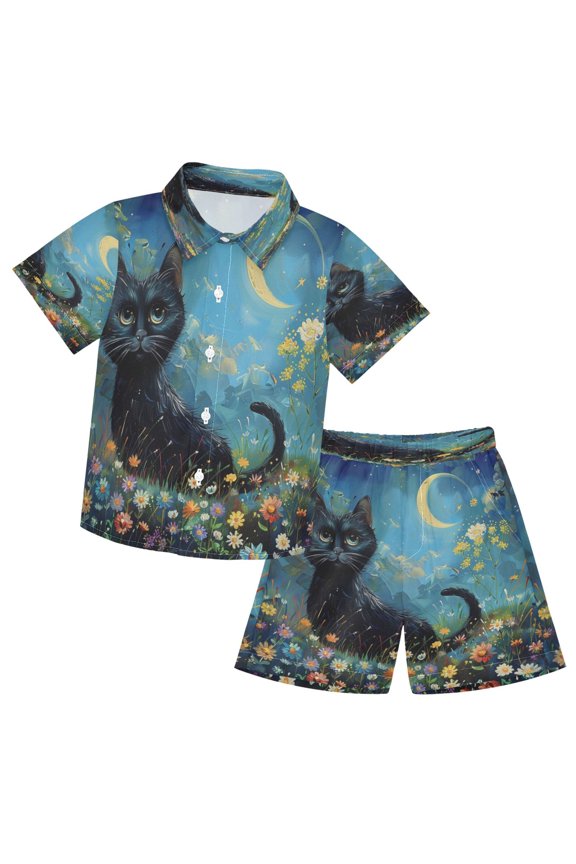 Button-Down Shirts Summer Shorts Sets Fashion Moonlit Whiskers in Bloom Pattern Casual Set