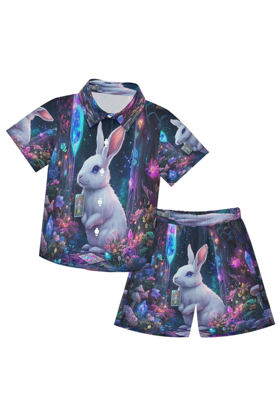 Button-Down Shirts Summer Shorts Sets Fashion Mystical Bunny with Crystal Pattern Casual Set