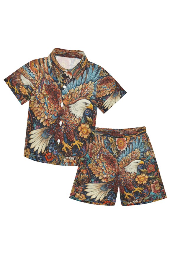Button-Down Shirts Summer Shorts Sets Fashion Ornate Eagless Artwork Pattern Casual Set