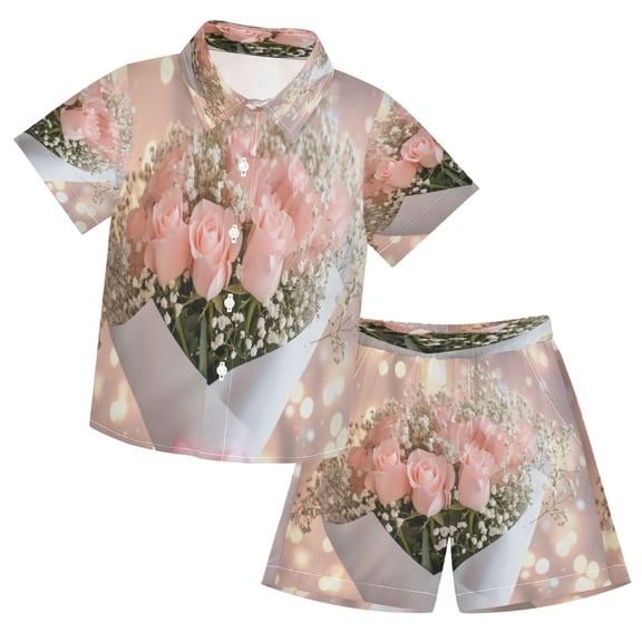 YAZAOO Button-Down Shirts Summer Shorts Sets Fashion Pink Roses Pattern Casual Set